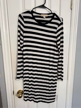 Michael Kors Black and White Striped Long Sleeve Dress